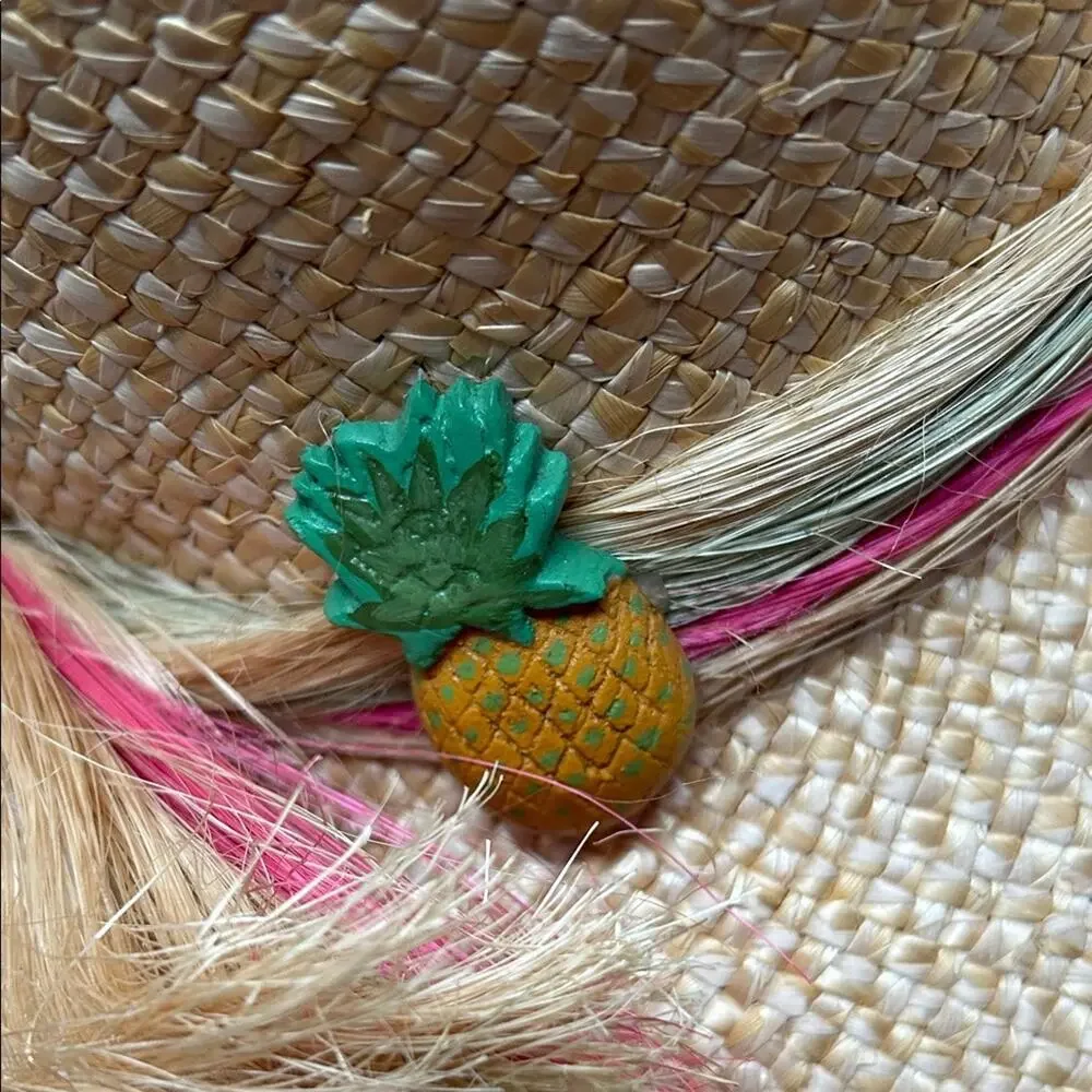 Woven Straw Hat with Fruit Details, Wide Brim Perfect for a Hot Day at the Beach
